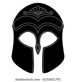 Isolated vector illustration. Ancient Greek or Roman helmet. Front view. Black and white silhouette.