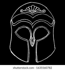 Isolated vector illustration. Ancient Greek or Roman helmet. Front view. Hand drawn linear doodle sketch. White silhouette on black background.