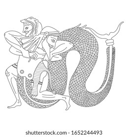 Isolated vector illustration. Ancient Greek vase painting motif. Heracles struggling with river god Achelous. Man and Tryton. Black and white linear silhouette.