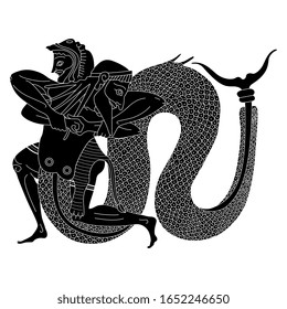 Isolated vector illustration. Ancient Greek vase painting motif. Heracles struggling with river god Achelous. Man and Tryton. Black and white linear silhouette.