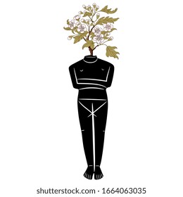 Isolated vector illustration. Ancient Greek headless figurine of goddess with blooming hawthorn branch as head. Creative concept for spring and renewal of nature. Cycladic idol.