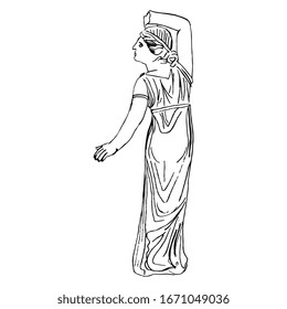Isolated vector illustration. Ancient Greek female sculpture. Standing girl or nymph from back. Hand drawn linear doodle ink sketch. Black silhouette on white background.