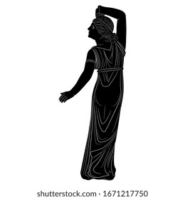 Isolated vector illustration. Ancient Greek female sculpture. Standing girl or nymph from back. Black and white linear silhouette.