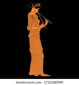 Isolated vector illustration. Ancient Greek girl playing flute. Vase painting style.