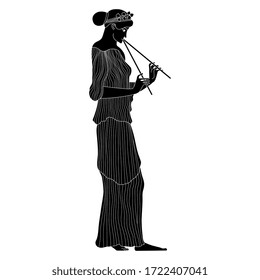 Isolated vector illustration. Ancient Greek girl playing flute. Vase painting style. Black and white silhouette.