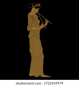 Isolated vector illustration. Ancient Greek girl playing flute. Vase painting style. Monochrome silhouette.