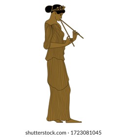 Isolated vector illustration. Ancient Greek girl playing flute. Vase painting style. Monochrome silhouette.