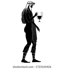 Isolated vector illustration. Ancient Greek god Dionysus holding cup of wine. Vase painting motif. Black and white silhouette.