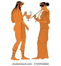 Isolated vector illustration. Ancient Greek decor with two character. Young woman playing flute and god Dionysus holding cup of wine. Vase painting style.
