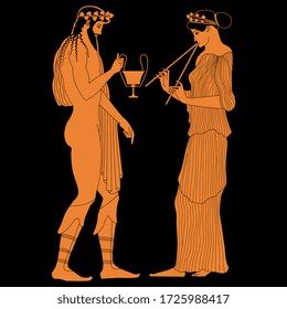 Isolated vector illustration. Ancient Greek decor with two character. Young woman playing flute and god Dionysus holding cup of wine. Vase painting style.