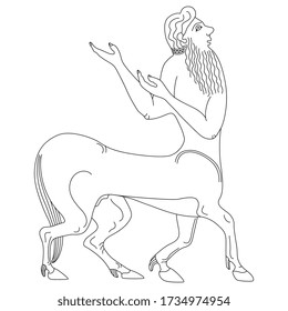 Isolated vector illustration. Ancient Greek centaur. Vase painting motif. Fantastic horse man. Black and white linear silhouette.