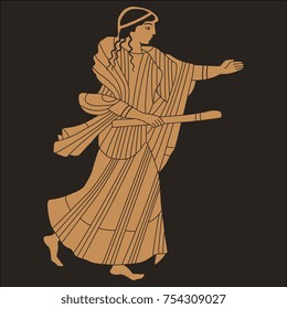 Isolated vector illustration. Ancient Greek young girl running with a stick. Based on antique vase painting. Red-figure pottery style.