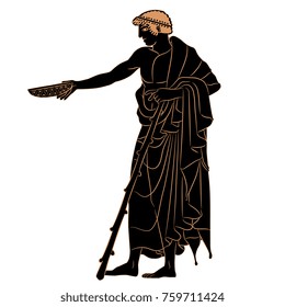 Isolated vector illustration of ancient Greek youth with a wand holding a cup. Based on traditional vase painting.