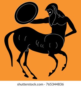 Isolated vector illustration of ancient Greek centaur with a shield. Based on authentic antique image. Vase painting. Black-figure pottery style.