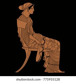 Isolated vector illustration. Ancient Greek woman sitting on the chair. Based on ancient Greek vase painting.