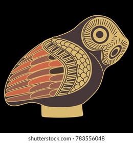 Isolated vector illustration. Ancient Greek owl. Painted terracotta figurine. Flat cartoon style.