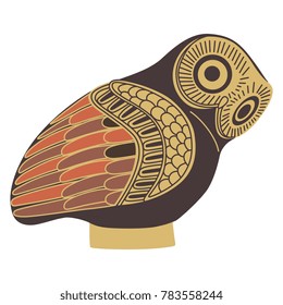 Isolated vector illustration. Ancient Greek owl. Painted terracotta figurine.