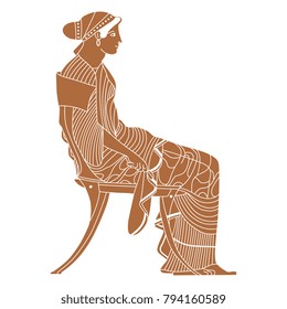 Isolated vector illustration of ancient Greek beautiful woman or goddess seated on a chair. Based on authentic old Greek vase painting image.