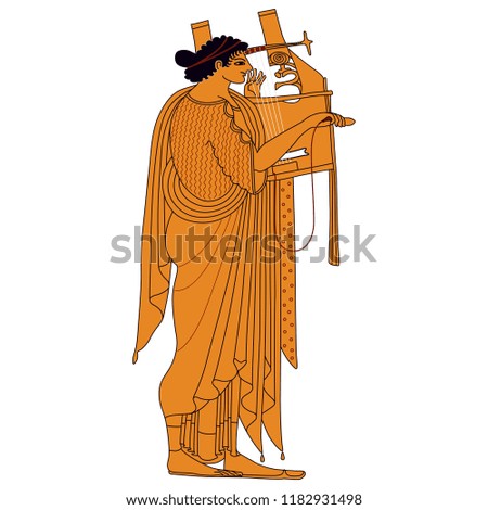 Isolated vector illustration. Ancient Greek god Apollo playing the lyre. Based on antique vase painting motif. Cartoon style.