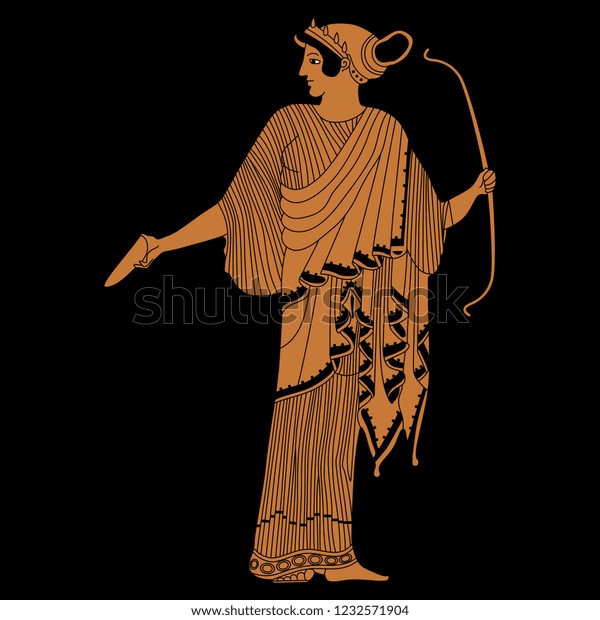 分離型ベクターイラスト 古代ギリシャの女性のキャラクター 弓を持つ女神アルテミス 花瓶絵のモチーフ 漫画のスタイル 黒い背景に のベクター画像素材 ロイヤリティフリー