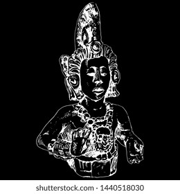 Isolated vector illustration. Ancient Mayan sculpture. Young god of maize. Hand drawn sketch. White silhouette on black background.