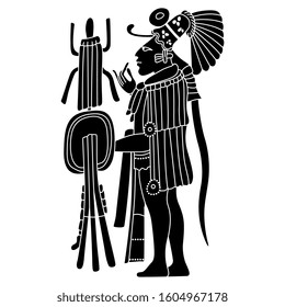 Isolated vector illustration. Ancient Mayan man with shield. Pre-Columbian Mexican art. Black and white silhouette.