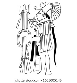 Isolated vector illustration. Ancient Mayan man with shield. Pre-Columbian Mexican art. Black and white linear silhouette.