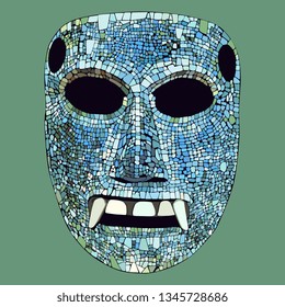 Isolated vector illustration. Ancient Mexican mosaic turquoise mask of Mixtec Indians. Tribal art of Pre Columbian Mesoamerica. Hand drawn artwork.