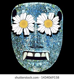 Isolated vector illustration. Ancient Mexican Mixtec or Aztec mosaic turquoise mask or skull with fanged mouth and flowers in eyes.