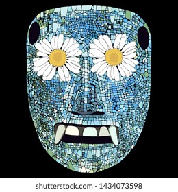 Isolated vector illustration. Ancient Mexican Mixtec or Aztec mosaic turquoise mask or skull with fanged mouth and flowers in eyes.