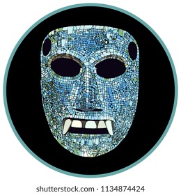 Isolated vector illustration. Ancient Mixtec mosaic turquoise mask with fangs in a circle. Pre-Columbian Mexican Indian art.