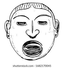 Isolated vector illustration. Ancient Olmec mask. Native American art. Hand drawn linear doodle sketch. Black silhouette on white background.