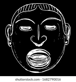 Ilustración vectorial aislada. Máscara Olmeca. Arte nativo americano. Dibujo a mano. Silueta blanca sobre fondo negro.