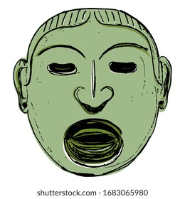 Ilustración vectorial aislada. Máscara Olmeca. Arte nativo americano. Dibujo a mano en bruto.