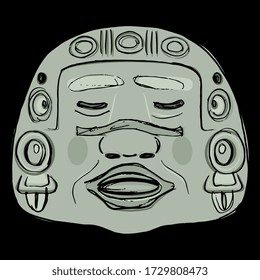 Isolated vector illustration. Ancient Olmec jade mask. Native American Pre Columbian art. Hand drawn colorful rough sketch.