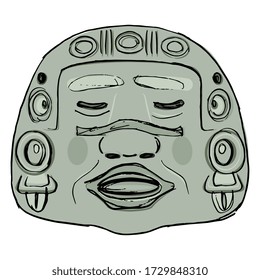 Isolated vector illustration. Ancient Olmec jade mask. Native American Pre Columbian art. Hand drawn colorful rough sketch.