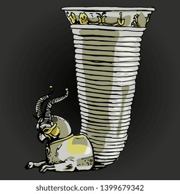 Isolated vector illustration. Ancient Persian Achaemenid art from Iran. Silver griffin rhyton (drinking vessel). Hand drawn colored sketch. On dark background.
