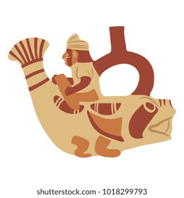 Isolated vector illustration. Ancient Peruvian vessel. Male character riding a fish. Pre Columbian Moche art.