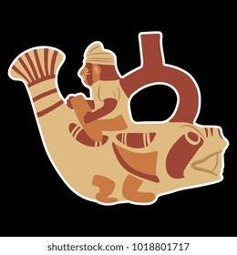 Isolated vector illustration. Ancient Peruvian vessel. Male character riding a fish. Pre Columbian Moche art.