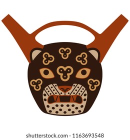 Isolated vector illustration. Ancient Peruvian Andean vessel in a shape of jaguar head. Paracas culture.