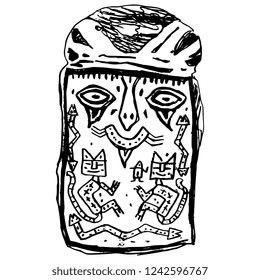 Isolated vector illustration. Ancient Peruvian artifact. Painted mask of a mummy. Parasac culture. Hand drawn linear doodle sketch. Black silhouette on white background.