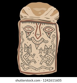 Isolated vector illustration. Ancient Peruvian artifact. Painted mask of a mummy. Parasac culture.