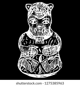 Isolated vector illustration. Ancient Peruvian tribal art. Nazca effigy vessel. Shaman as an animal. Hand drawn linear sketch. White silhouette on black background. Scratch art style. 