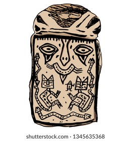 Isolated vector illustration. Ancient Peruvian tribal art. Painted mask of a mummy. Parasac culture. Hand drawn sketch.
