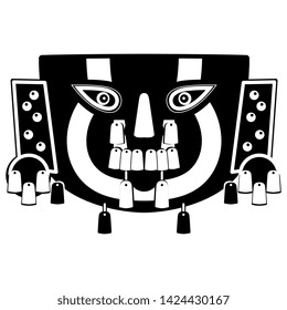 Isolated vector illustration. Ancient Peruvian funerary mask. Sican or Lambayeque culture. Pre Columbian tribal art. Black and white flat silhouette.