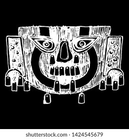 Isolated vector illustration. Ancient Peruvian tribal mask. Sican or Lambayeque culture. Black and white flat silhouette. Hand drawn rough sketch. White silhouette on black background.