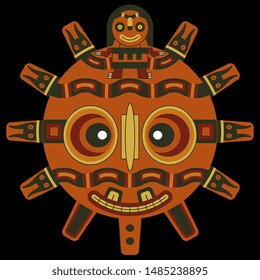 Isolated vector illustration. Ancient Peruvian mask from Paracas. Stylized Sun. Pre Columbian Native American Indian art. On black background.