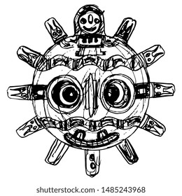 Isolated vector illustration. Ancient Peruvian mask from Paracas. Stylized Sun. Pre Columbian Native American Indian art. Hand drawn sketch. Black and white silhouette.