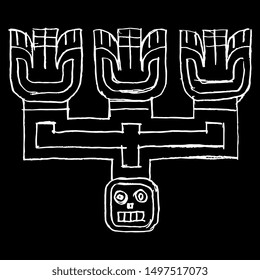 Isolated vector illustration. Ancient Peruvian geometrical Huari decor. Hand drawn doodle sketch. White silhouette on black background. Pre-Columbian Indian art.