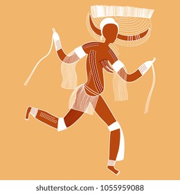 Isolated vector illustration of ancient running  Horned Goddess. Based on North African rock painting from Tassili n'Ajjer in Sahara desert in Algeria. Ethnic prehistoric style.